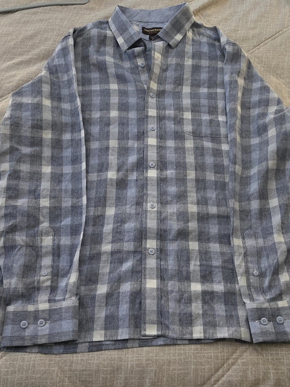 Johnston & Murphy Light Blue and White Plaid Linen Button-Down Shirt